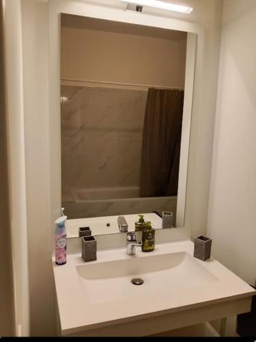 - un lavabo blanc dans la salle de bains avec un grand miroir dans l'établissement Appartement 3 pièces, à Saint-Denis