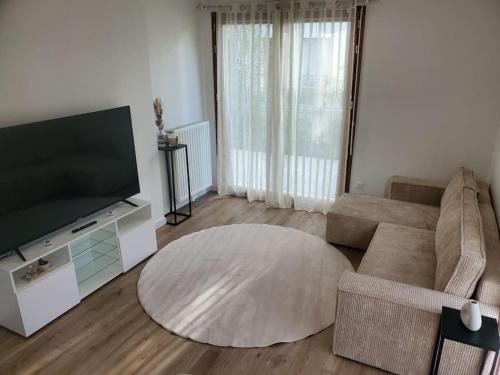 Una sala de estar con un sofá y un televisor grande. en Appartement 3 pièces, en Saint-Denis