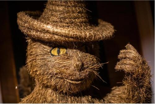 a statue of a cat wearing a straw hat at Rymanowskie Zamczysko in Rymanów-Zdrój