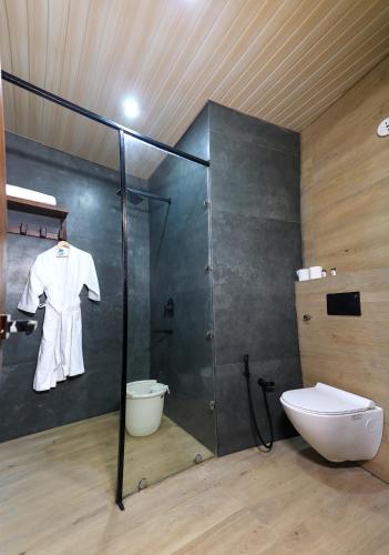a bathroom with a shower stall and a toilet at Koro Treehouse Resort Luxury Wooden Cottages and Villas with Private Pool in Kasauli