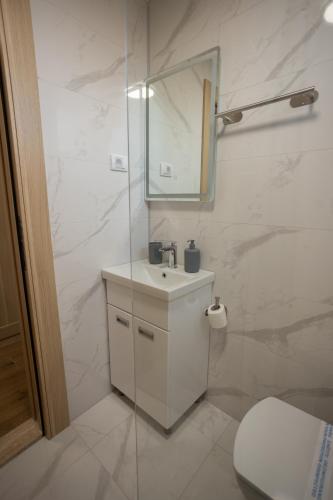 a white bathroom with a sink and a mirror at Vila Oaza mira Golija in Golija