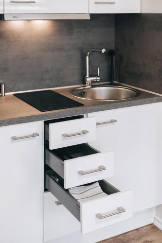 a kitchen with a sink and a counter top at Gentilly Apartments Freiberg in Freiberg
