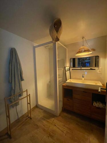 a kitchen with a sink and a counter top at Chez la ptite famille in Saint-Didier-sur-Doulon