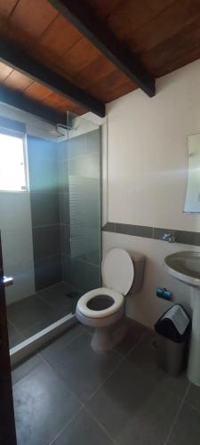 a bathroom with a shower and a toilet and a sink at El buho in San Bernardino