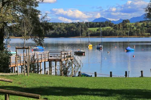 a dock on a lake with boats in the water at Ferienwohnung mit Alpenblick - Kufstein Suite am Simssee in Stephanskirchen