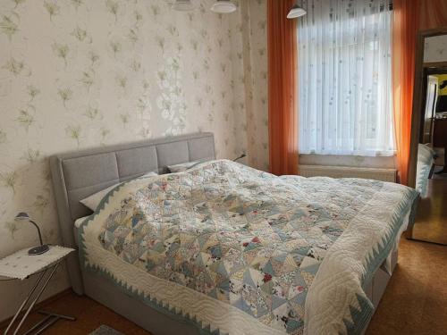 a bed with a quilt on it in a bedroom at Harz-Wohnung Natur pur in Benneckenstein