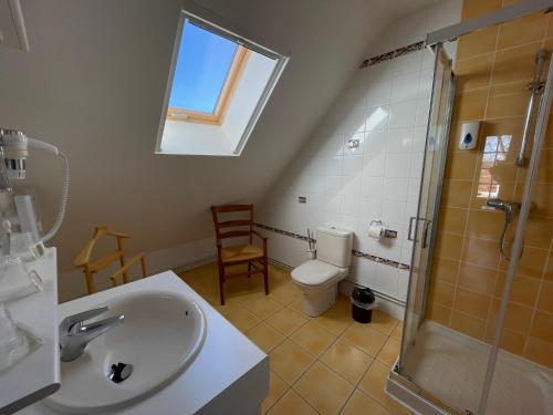 a bathroom with a sink and a shower and a toilet at Logis Hôtel Restaurant Auberge du Bougnat in St Victor la Riviere