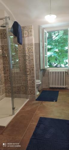 a bathroom with a shower and a toilet and a window at Casale del Cantico in Brenta