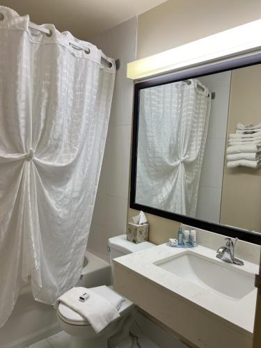 a bathroom with a sink and a toilet and a mirror at Travelodge by Wyndham Drumheller AB in Drumheller