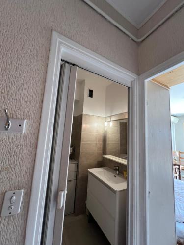 une petite salle de bain avec un lavabo et un miroir dans l'établissement Studio style vintage à Nice, à Nice