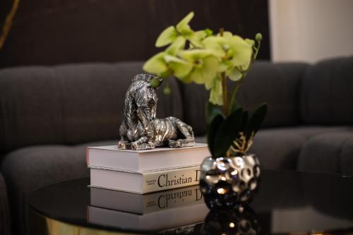 a pile of books with a statue on top on a table at Gracimor Hyndland Estate in Lusaka
