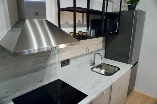 una cocina con fregadero y capucha de acero inoxidable en Central Charm Apartment, en Tîrgu Neamţ