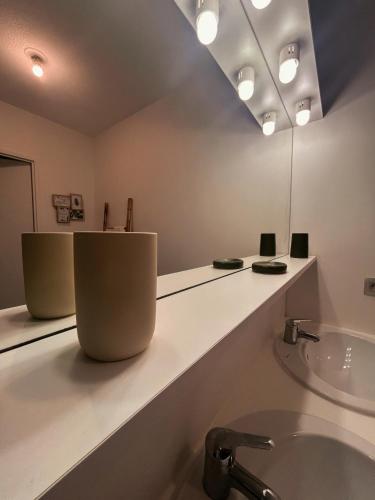 une salle de bain avec un lavabo et un miroir dans l'établissement Élégance Moderne centre, neuf avec jardin, à Gujan-Mestras