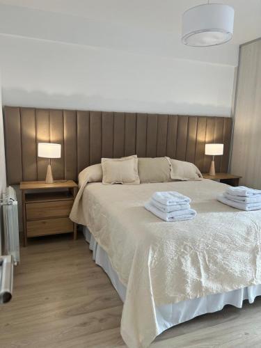 a bedroom with a large bed with two lamps on it at Departamento Céntrico Álamos in Santa Rosa