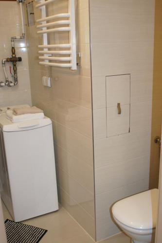 a bathroom with a toilet and a glass shower door at Apartament Pułaskiego in Rzeszów