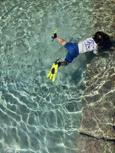 Ein Mann, der auf einem Surfbrett im Wasser liegt. in der Unterkunft 一棟貸し別荘つる in Matsue
