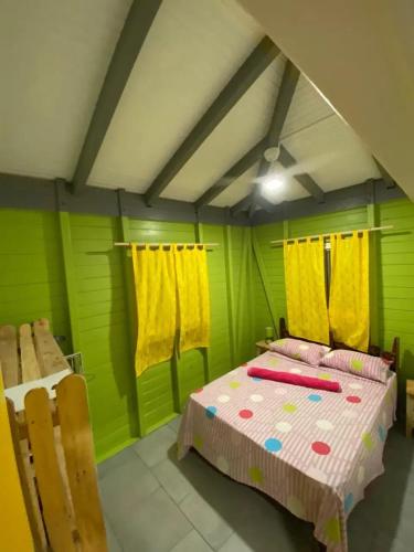 a bedroom with a bed in a green room at Bungalow élégant à Anse-Bertrand avec jardin privé in Anse-Bertrand