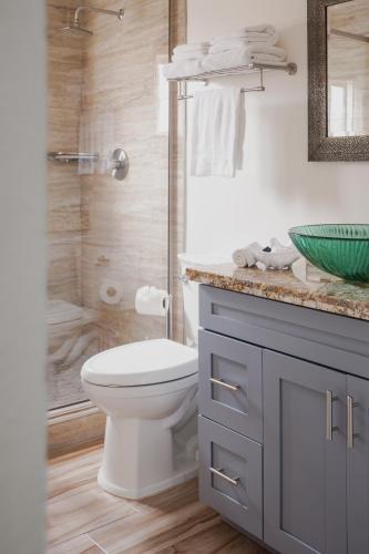 a bathroom with a toilet and a glass shower at Ocean View Inn in Montara