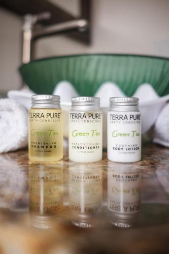 a group of four jars of green tea on a counter at Ocean View Inn in Montara