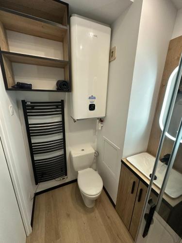 une petite salle de bain avec toilettes et lavabo dans l'établissement Studio cabine à Bonascre Wi Fi garage privé, à Ax-les-Thermes