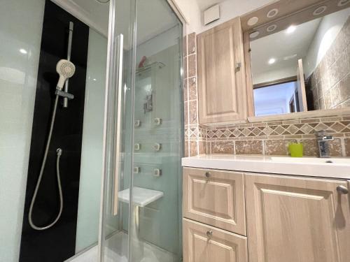 une salle de bain avec douche et lavabo dans l'établissement Appartement climatisé à Banyuls-sur-Mer, proche centre et plage, balcon, 2 chambres - FR-1-309-228, à Banyuls-sur-Mer