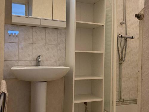 une salle de bain avec un lavabo et une douche dans l'établissement Appartement 2 pièces avec balcon, cuisine équipée et casier à skis - FR-1-593-114, aux Angles
