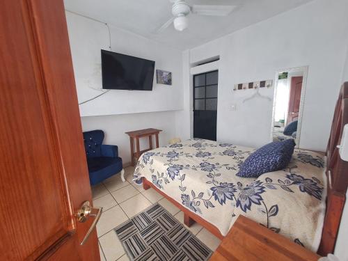 a bedroom with a bed and a tv on the wall at Hotel Las Palomitas in Taxco de Alarcón