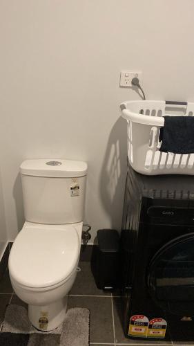 a bathroom with a white toilet and a sink at Coastal Hideaway By Lake in Toukley