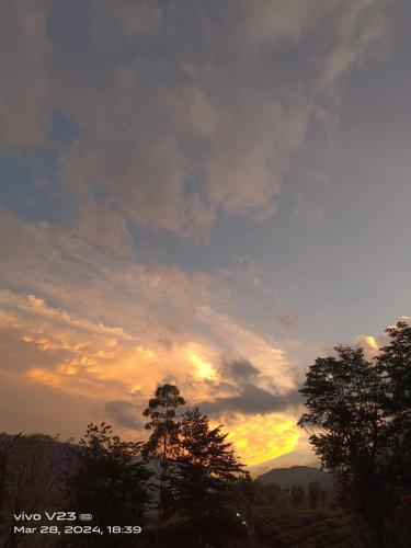 a sunset in the sky with trees in the foreground at Munnar home stay in Munnar