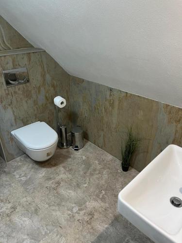 a bathroom with a toilet and a sink at Boutique Hotel Pošta RL in Oravský Podzámok