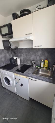 una cocina con fregadero y lavadora en Studio Colombes fonctionnel, en Colombes