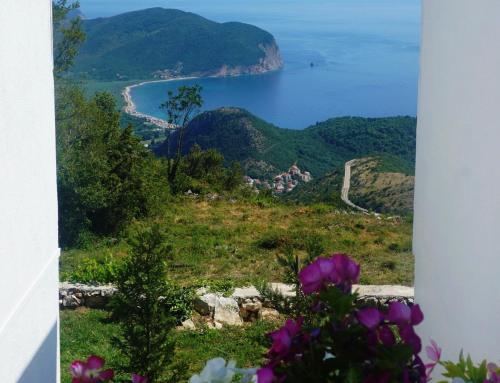 a view of the ocean from a hill with purple flowers at Hill Homes Montenegro in Petrovac na Moru