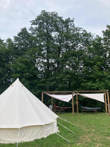 two tents in a field with trees in the background at Mazury Glamping Kruklanki Polana Życzeń in Kruklanki