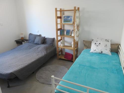 une chambre avec un lit et une étagère dans l'établissement L'hibiscus, à Narbonne