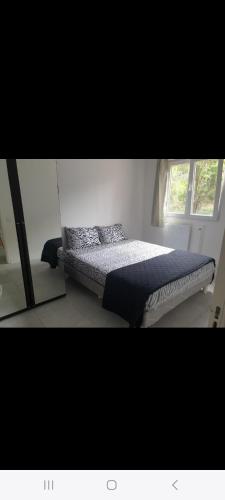 - un lit dans une chambre avec un miroir dans l'établissement Grand Appartement, 2 ou 3 ou 4 pieces, tramway sur place, proche gare sncf St Augustin 5 min, aéroport à 7 min, plage ou Allianz riviera 10 min, palais nikaia 2 min , supermarché sur place, parking possible si disponible ou payant à 1000 metre, à Nice