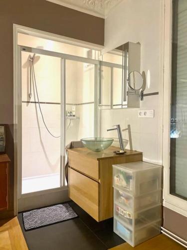 La salle de bains est pourvue d'un lavabo en verre et d'une douche. dans l'établissement Appartement de charme près Montmartre, à Paris
