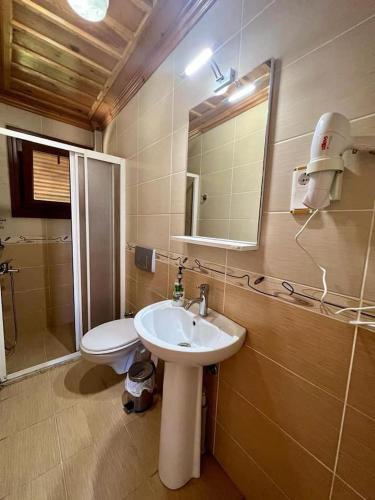 a bathroom with a sink and a toilet and a mirror at Yaşar Marin Denizer Pansiyon in Amasra