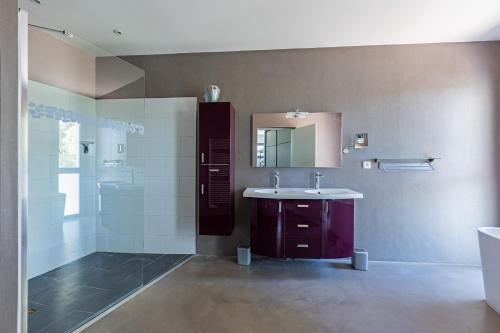 une salle de bain avec un lavabo et un miroir dans l'établissement Superbe et spacieuse propriété avec piscine et spa, à Saint-Gély-du-Fesc