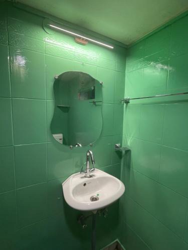 a green bathroom with a sink and a mirror at Art Bliss Rishikesh - Yoga Hostel & Café in Rishīkesh