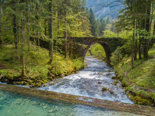 an old bridge over a river in a forest at Retro house in Kamnik in Kamnik