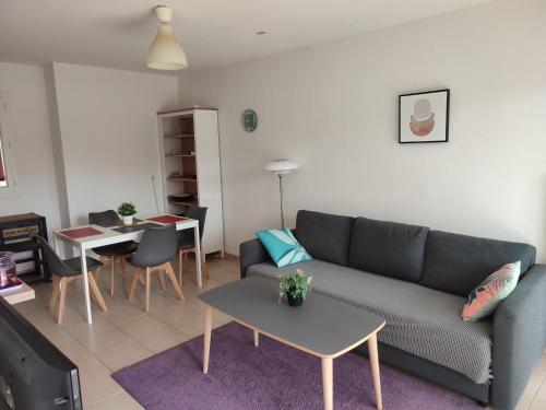 un salon avec un canapé et une table dans l'établissement Appartement T2 avec balcon, centre de Castelnau de Médoc, à Castelnau-de-Médoc