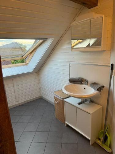 a bathroom with a sink and a skylight at Kalinka 90766 Fürth in Fürth