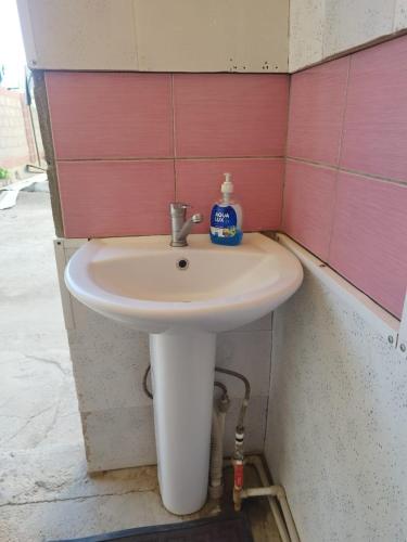 a bathroom sink with a soap bottle on it at Уют in Tong