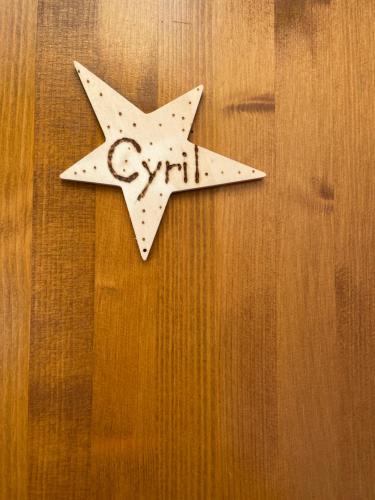 a white star hanging on a wooden wall at Chambres d'hôtes in Les Genevez