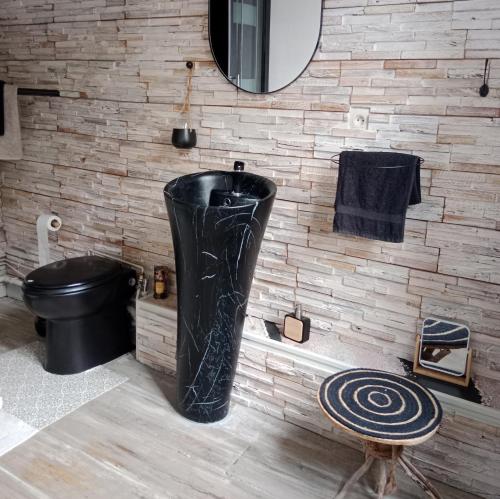 a bathroom with a black toilet and a mirror at Chambre d'hôte dans manoir près du Tréport et Mers-les-Bains in Gamaches