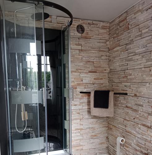 a bathroom with a shower and a stone wall at Chambre d'hôte dans manoir près du Tréport et Mers-les-Bains in Gamaches