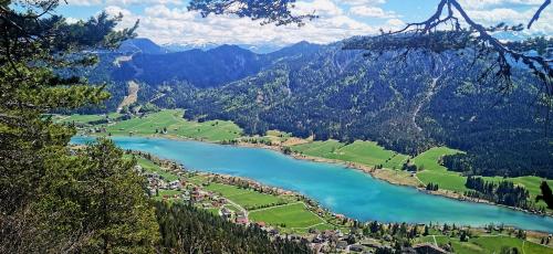 a view of a lake in the mountains at Premium Apartments am Weißensee in Weissensee