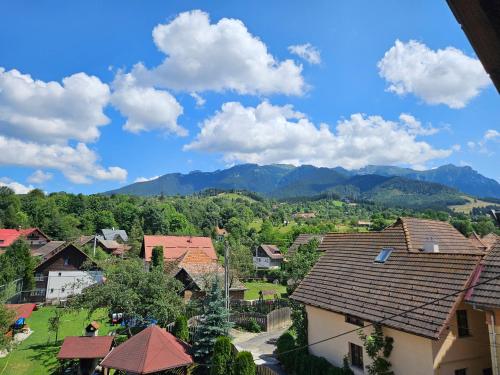 a village with houses and mountains in the background at Pensiunea Sarah Bran in Bran