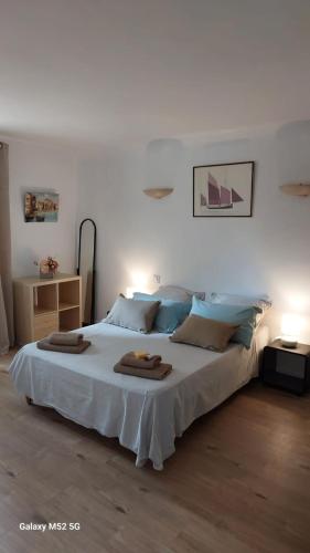 une chambre avec un grand lit blanc avec des oreillers bleus dans l'établissement Appartement Barsan, à Vaison-la-Romaine