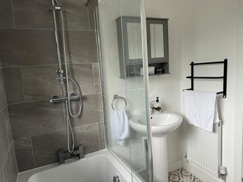 a bathroom with a shower and a toilet and a sink at Brithdir Cottage in Merthyr Tydfil